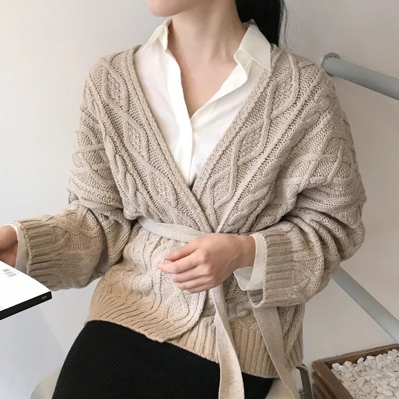 Sweaters - Cardigan belt sweater cable knit khaki womens long sleeve top